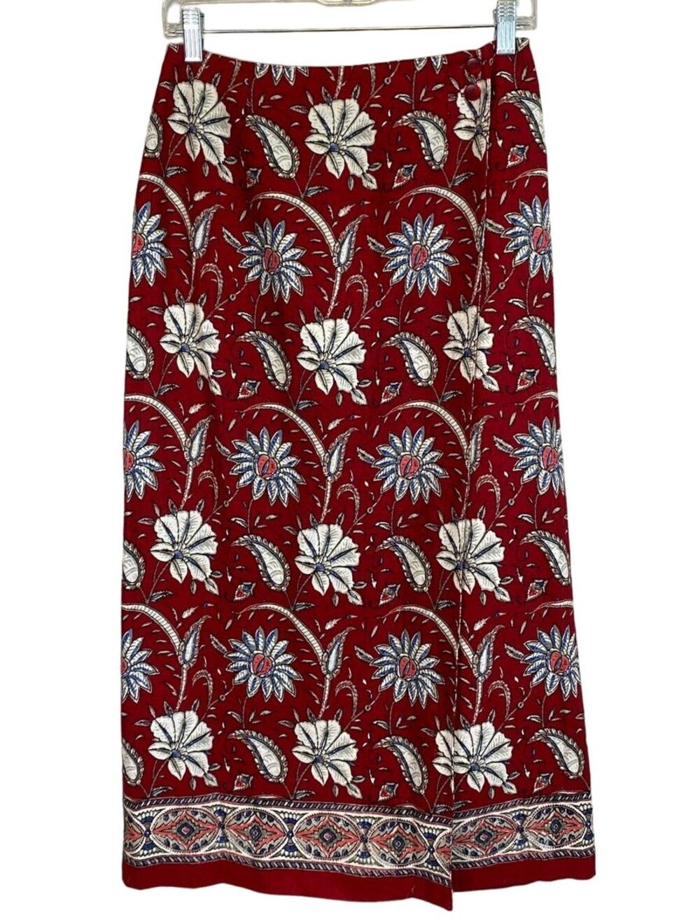 VTG Talbots Women Red Linen Blend True Wrap Midi Skirt Sz 8P Floral Boho Vaca